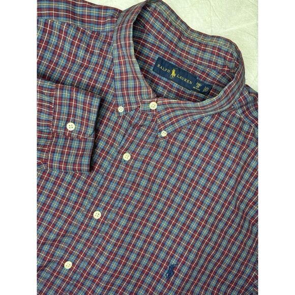 Ralph Lauren Men's 2XB Big Blue & Red Plaid Oxford Button Down Shirt Long Sleeve - Picture 1 of 8